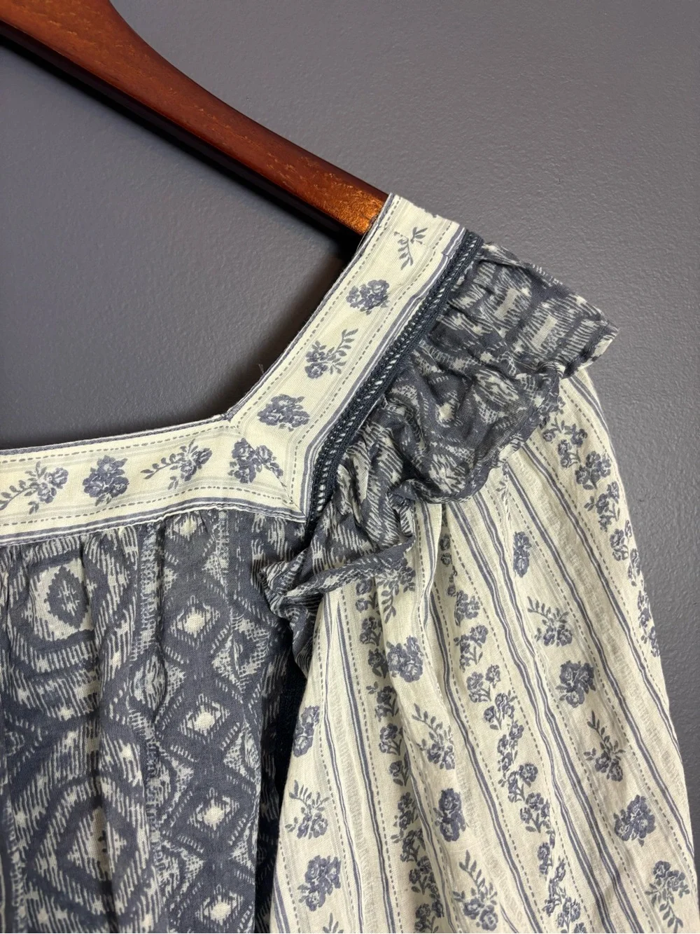Free People Mostly Meadow Blouse Small Blue White Peasant Summer Cottagecore